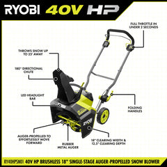 40V HP Brushless 18” Single-Stage Auger-Propelled Snow Blower