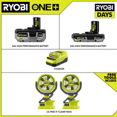 18V ONE+ 4Ah & 2Ah LITHIUM HIGH PERFORMANCE STARTER KIT WITH (2) FREE 18V ONE+ 4" CLAMP FANS