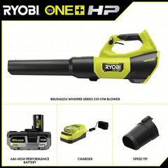 18V ONE+ HP Brushless WHISPER SERIES 510 CFM 130 MPH Battery Leaf Blower, 6.0 Ah Battery, Charger