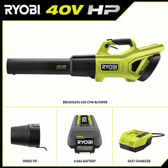 40V HP Brushless WHISPER SERIES 650 CFM 160 MPH Leaf Blower Cordless with 4.0 Ah Battery and Charger
