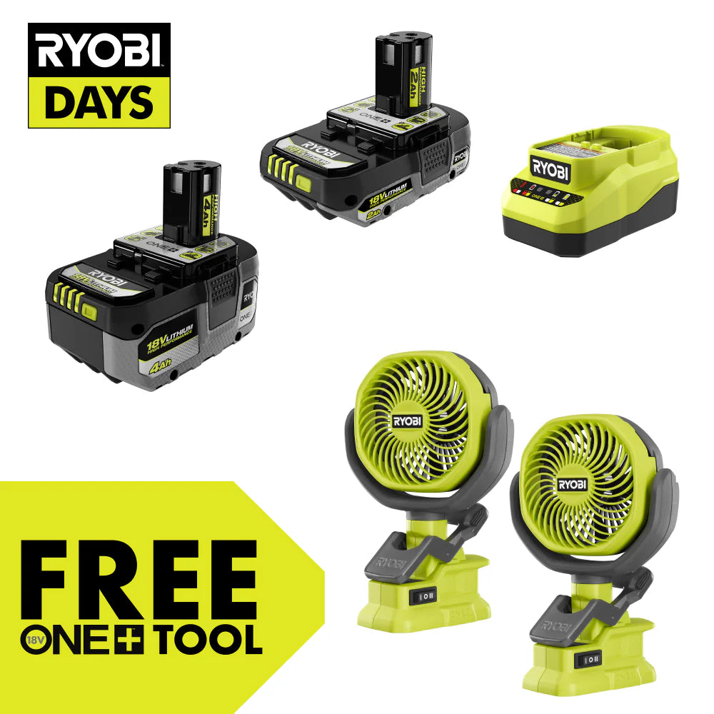 18V ONE+ 4Ah & 2Ah LITHIUM HIGH PERFORMANCE STARTER KIT WITH (2) FREE 18V ONE+ 4" CLAMP FANS
